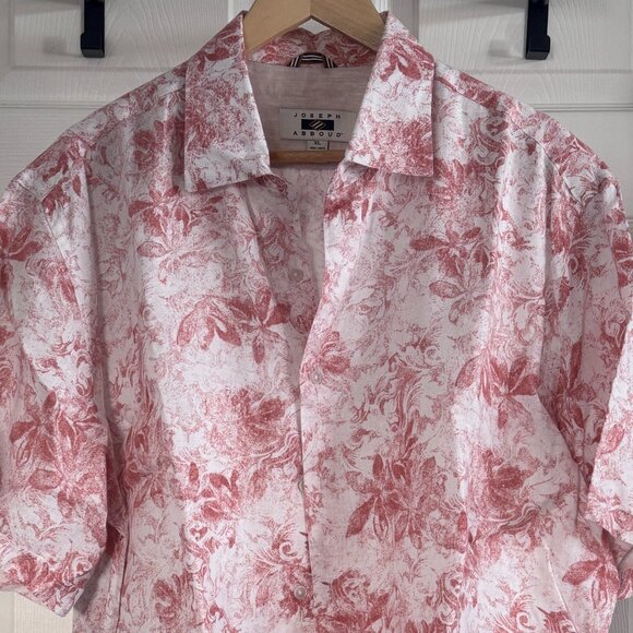 Joseph Abboud S/S Linen Button-down Shirt w/ Red Floral Pattern on White, XL - Picture 1 of 4